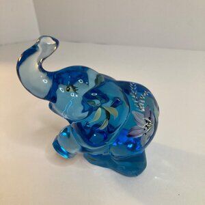 Vtg Handpainted‎ Fenton Art Glass Elephant Floral Blue Signed Mfg Flaw